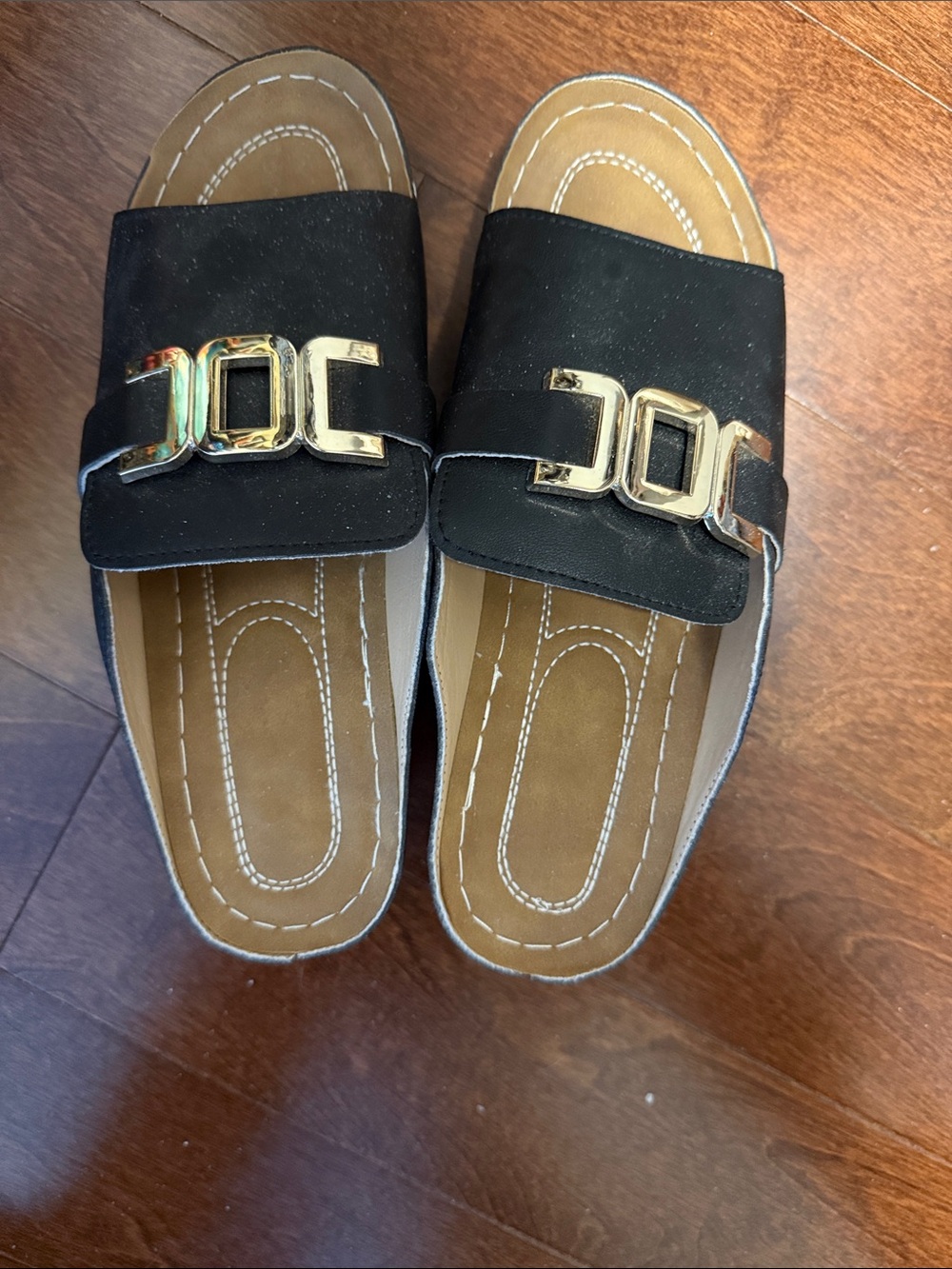 Women’s Black Slide Sandals with Gold Accent